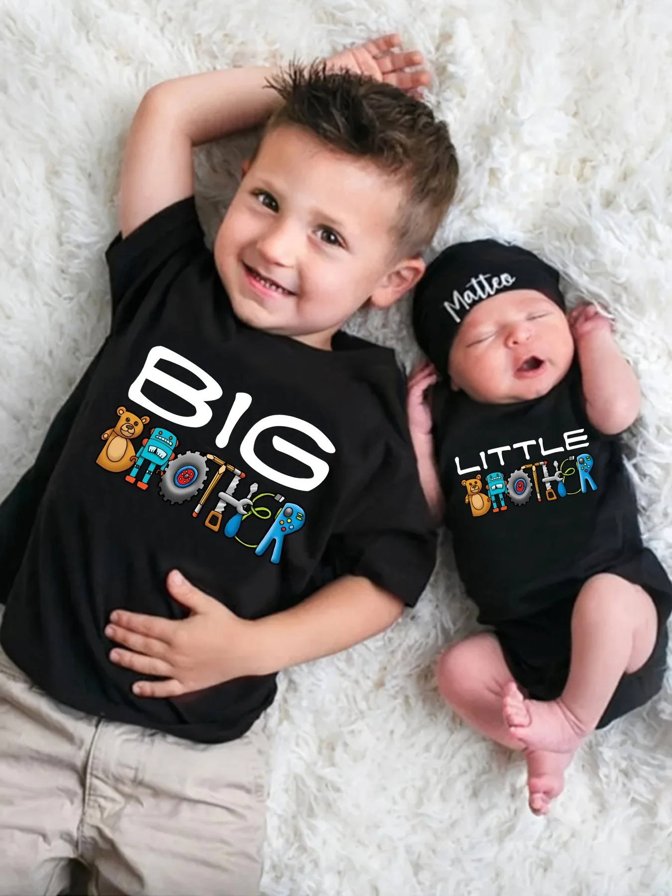 

Family Set Summer Boys' Romper T-Shirt with Giraffe Element Little BROTHER BIG BROTHER Letter Series Print for Outdoor Clothing