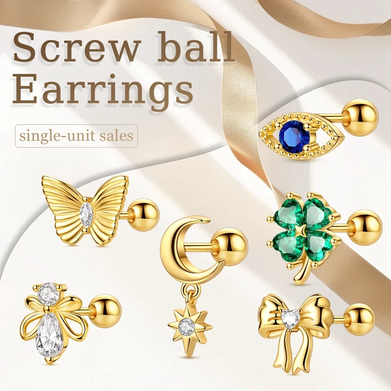 New 925 Sterling Silver Stud Earrings Golden Four-leaf Clover Butterfly Firefly Screw Ball Earring For Women Jewelry Accessories