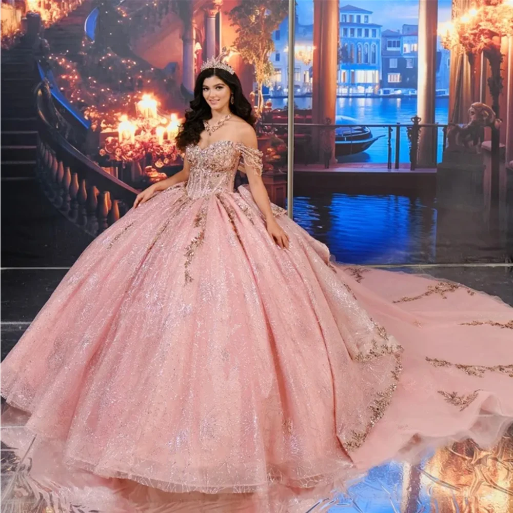 

Pink Shiny Quinceanera Dresses Sequin Appliques Lace Glitter Ball Gowns Tull Off-Shoulder Vestidos De 15 Anos Birthday Party