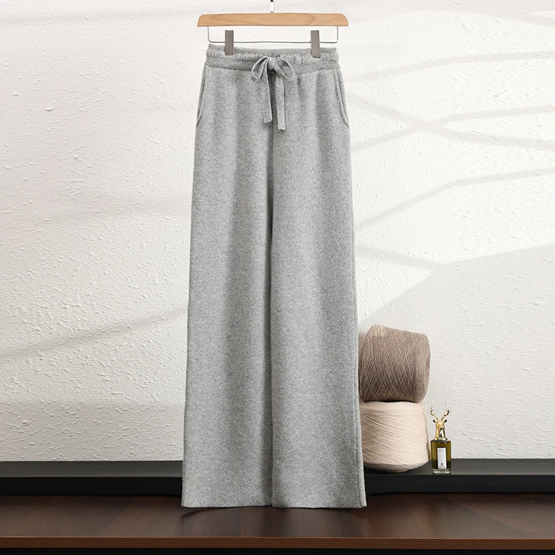 New women's wool pants 100% wool women's knitted wide leg pants solid color hot selling women's regular warm pants