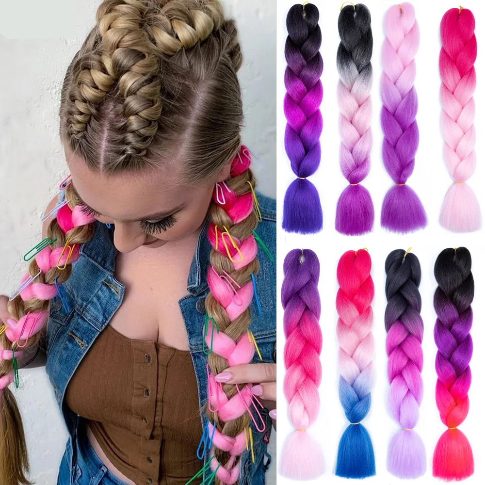 Synthetic Jumbo Braiding Hair Ombre Rainbow Hair Extensions Jumbo Crochet Hair Weaving Braids Hairpieces For Festival