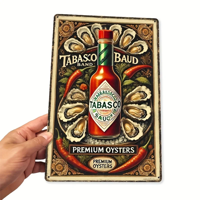 Letrero de metal vintage Tabasco & Oyster, arte de pared de hierro forjado con borde adornado, cocina con diseño de botellas