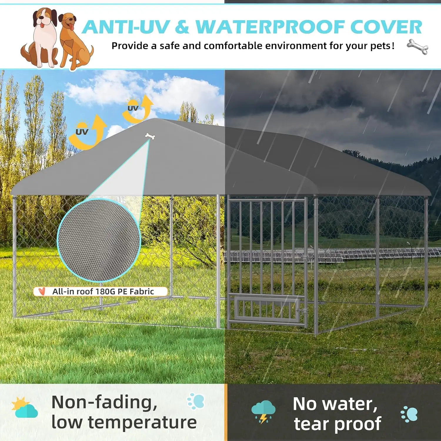 10'x10' Outdoor Dog Kennel with Roof, Large Dog Pen with Rotated Bowls, Secure Lock & Waterproof Sunproof Cover, Customized