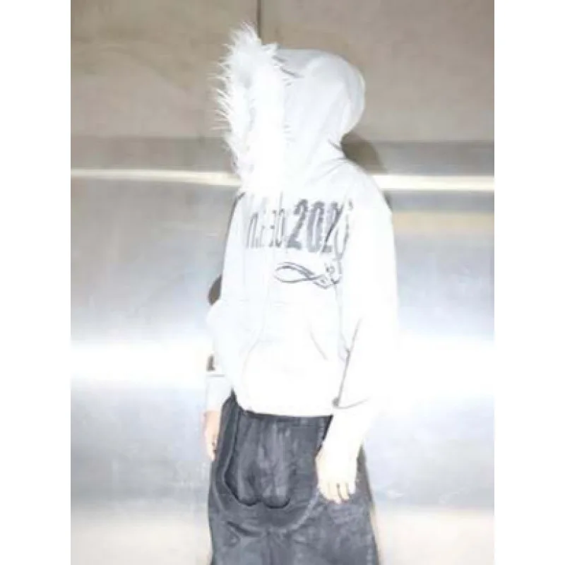 เสื้อแจ็คเก็ตมีฮู้ดคอขนสัตว์ทรงหลวมสไตล์ยุโรปและอเมริกา ย้อนยุค สตรีทแฟชั่น Y2K