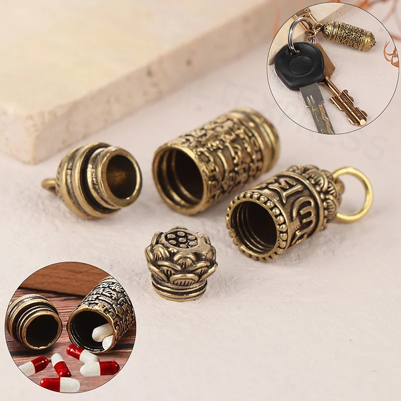 1PC Handmade Hollow Brass Buddha Sutra Cylinder Pendant Keychain Vintage Pill Box Container for Home Garden Decor