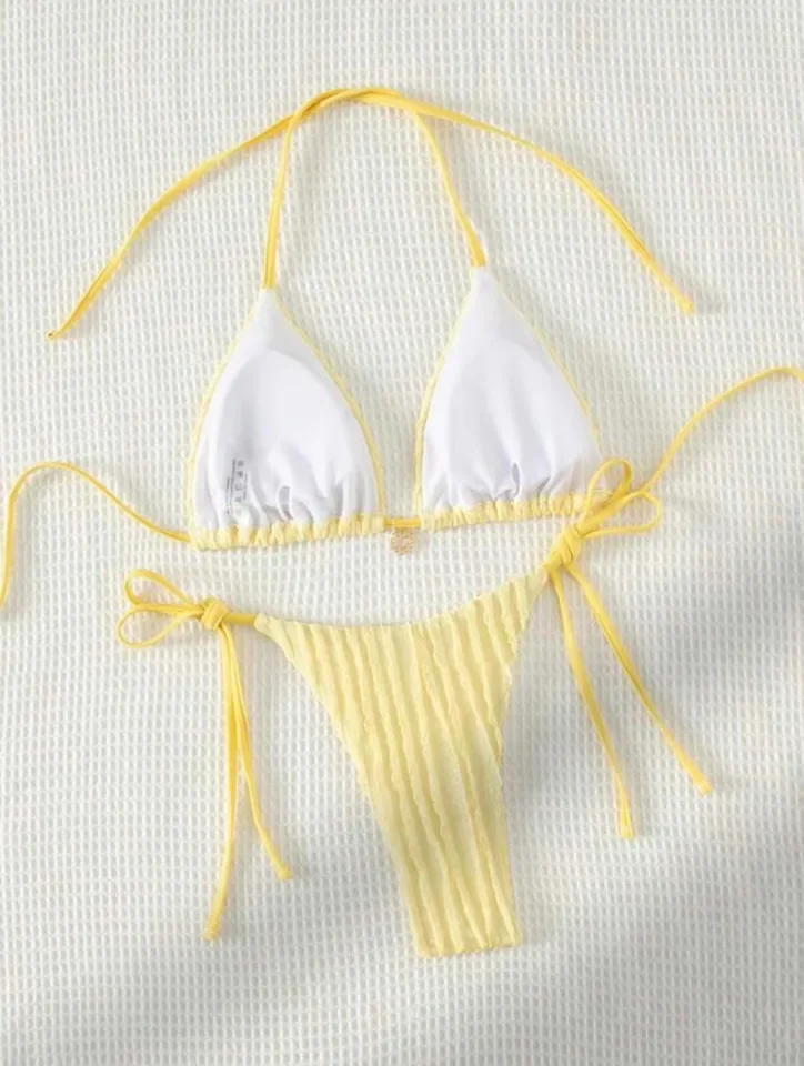 Bikini blanco Sexy para mujer, traje de baño de diseñador de Metal con realce de encaje Halter, traje de baño brasileño con Tanga lateral y lazo 2024