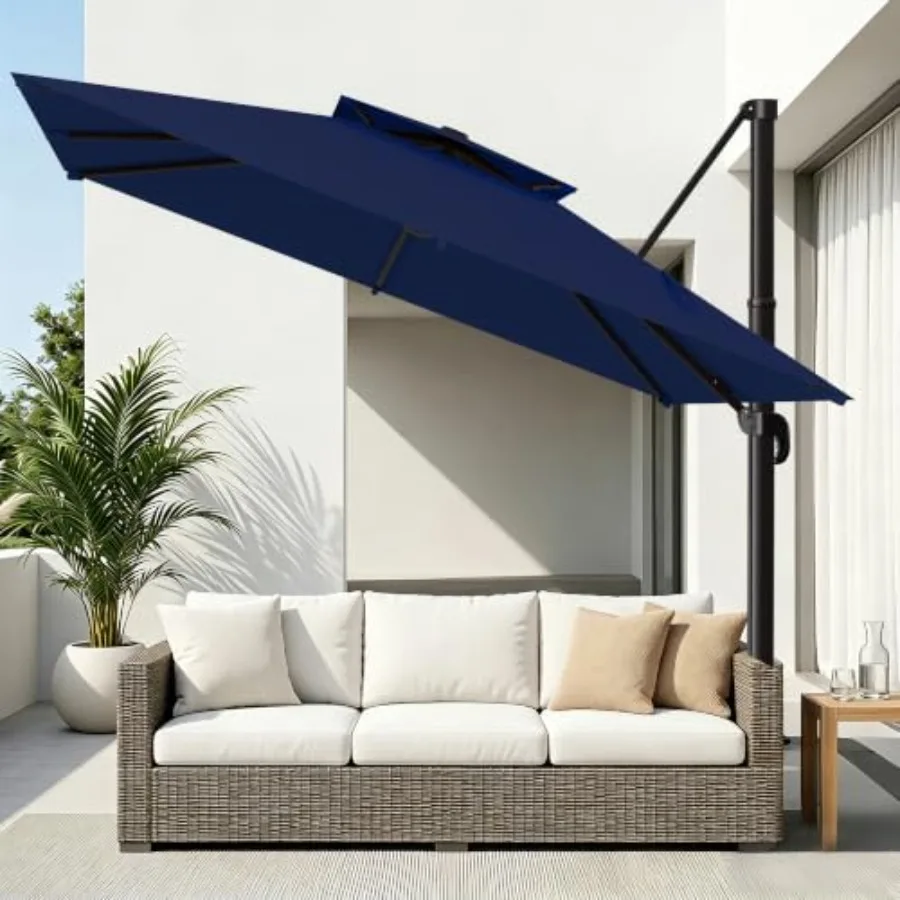 12×12 Feet Double-Top Cantilever Patio Umbrella for outdoor use, polyester fabric, beige, UV-resistant and tilt-adjustable