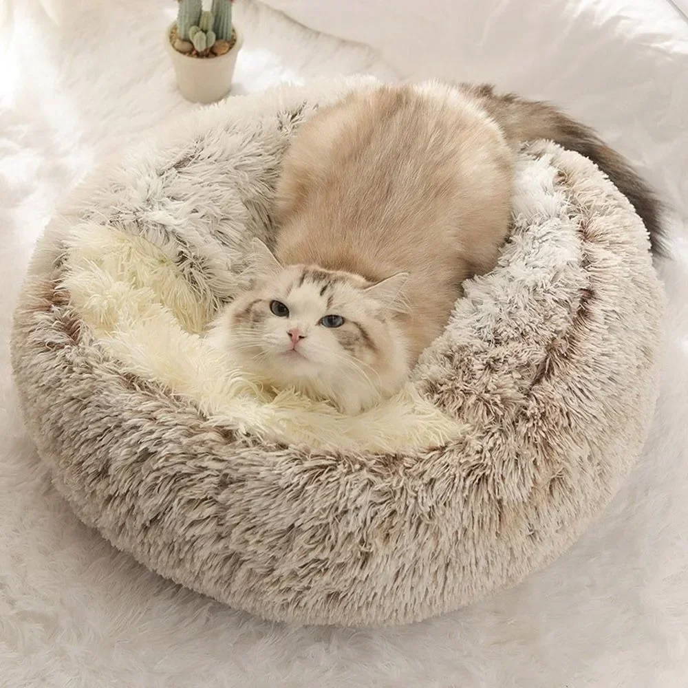 Rundes Plüsch-Katzenbett, tiefes Schlafbett für Katzen, Winter, warmes Hundehaus, Kissen, luxuriöses langes Plüsch-Kätzchen-Welpen-Schlafsofa-Nest