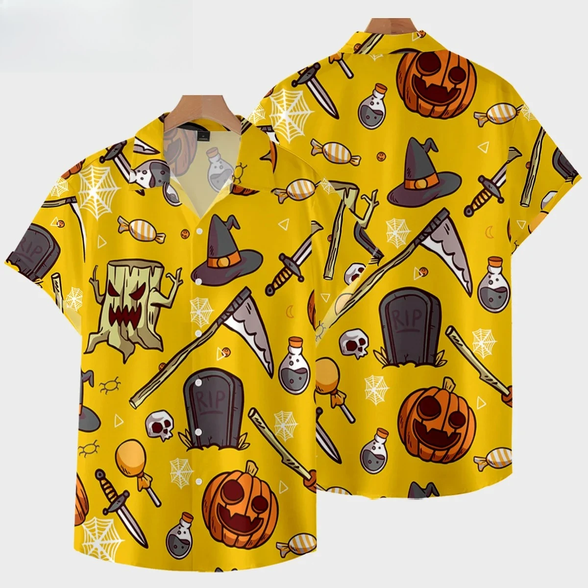 Retro Cartoon Horror Pumpkin Monster Tree Print Men's Short Sleeved Halloween Travel Loose Thin Collared Shirt