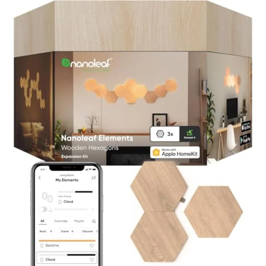 Elements Wood Look Smart Wall Lights, Hexagon LED Wall Lights Work with Alexa Google Assistant, Home Wall Decor for Living Room