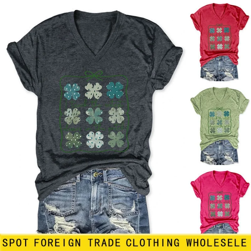 

Футболка с короткими рукавами и V-образным вырезом спереди, свободного кроя для лета, стильный и привлекательный принт, стройнящий силуэт.