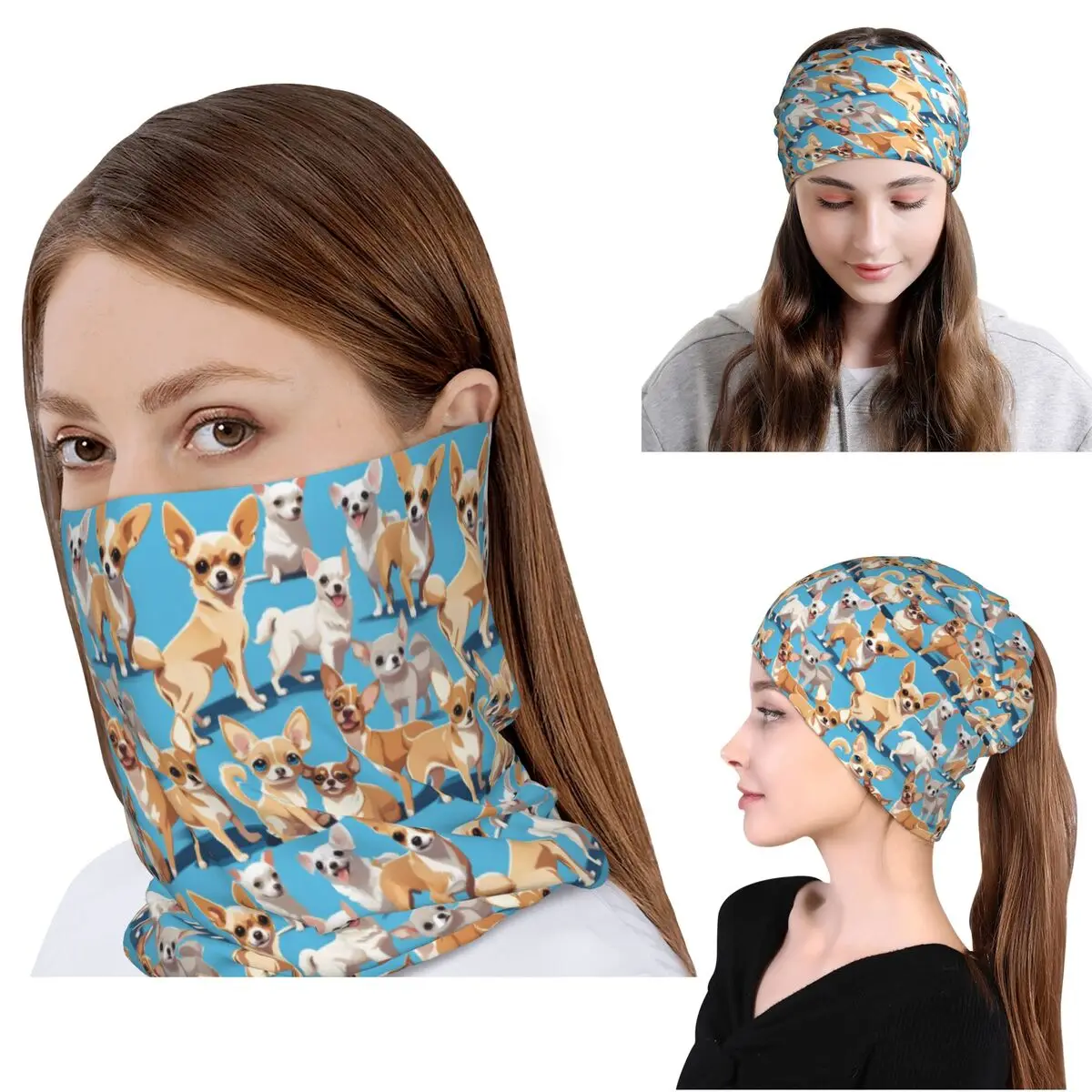 

A Pack Of Chihuahuas, Basic Blue Color Bandana Neck Gaiter Mask Scarf Warm Cycling Scarf Beanies Hat Unisex Adult Washable