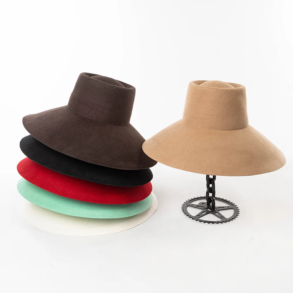 

Spring and Autumn New Fashion Retro Round Top Wide Brim Woolen Hat Stage Party Concave Shape Hat