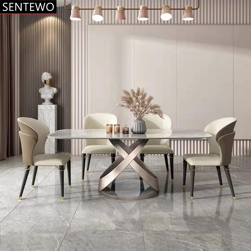 Luxury Rock Slab Dining Table Dinning Chairs Stainless Steel Rose Gold Frame Faux Marble Table Home Furniture Assiettes De Luxe