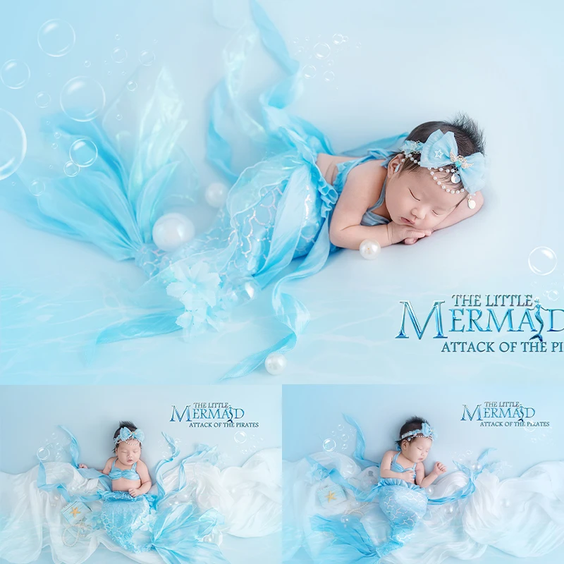 

Newborn Photography Costumes Mermaid Theme Baby Veil Halter Top Fish Tail Skirt Suit Pearl Props Studio Baby Girl Shoot Clothes