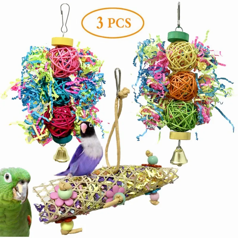 Pet Bird Toys Colorful Beads Bells Chew Swing Toys for Parrots Cockatiels Training Hanging Toys Bird Cage Pet Supplies ﻿