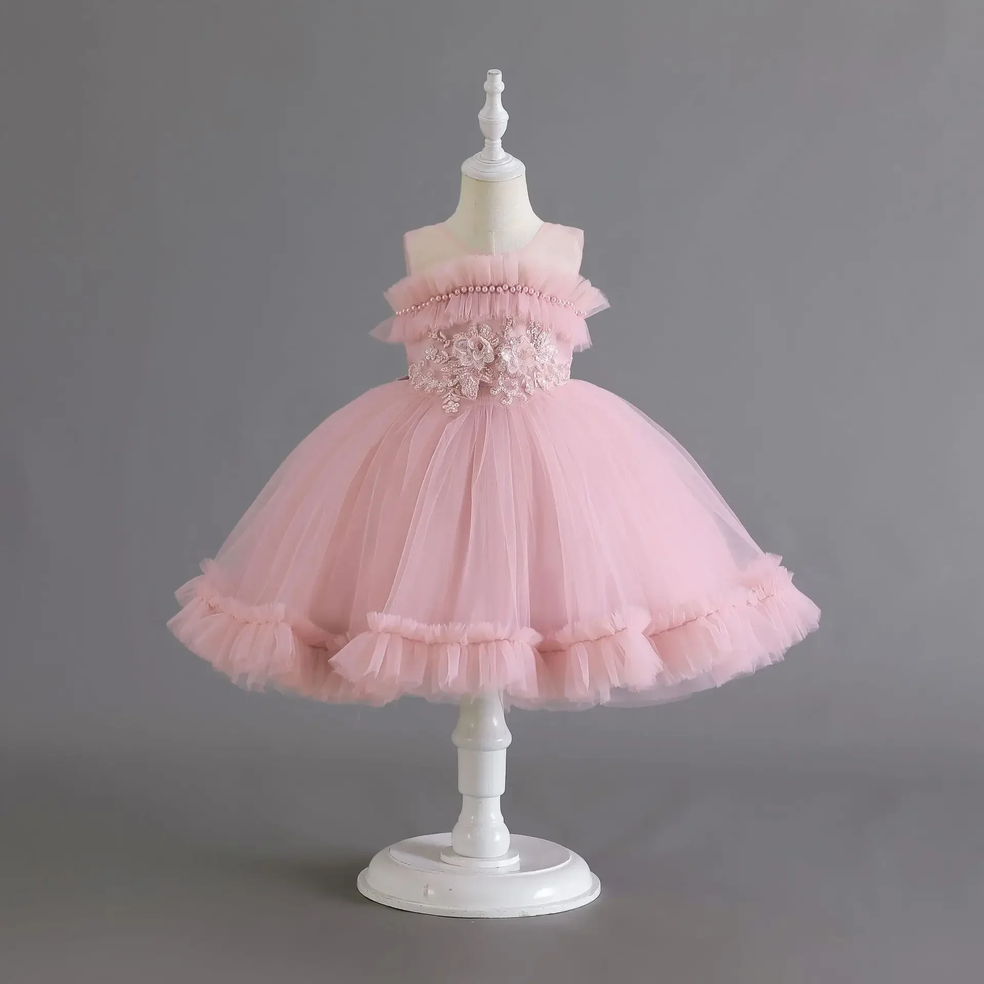 

Baby Girls Pink 1 Year Birthday Princess Dress Toddler Kids Beading Sleeve Flower Appliques Children's Wedding Ceremony Costume