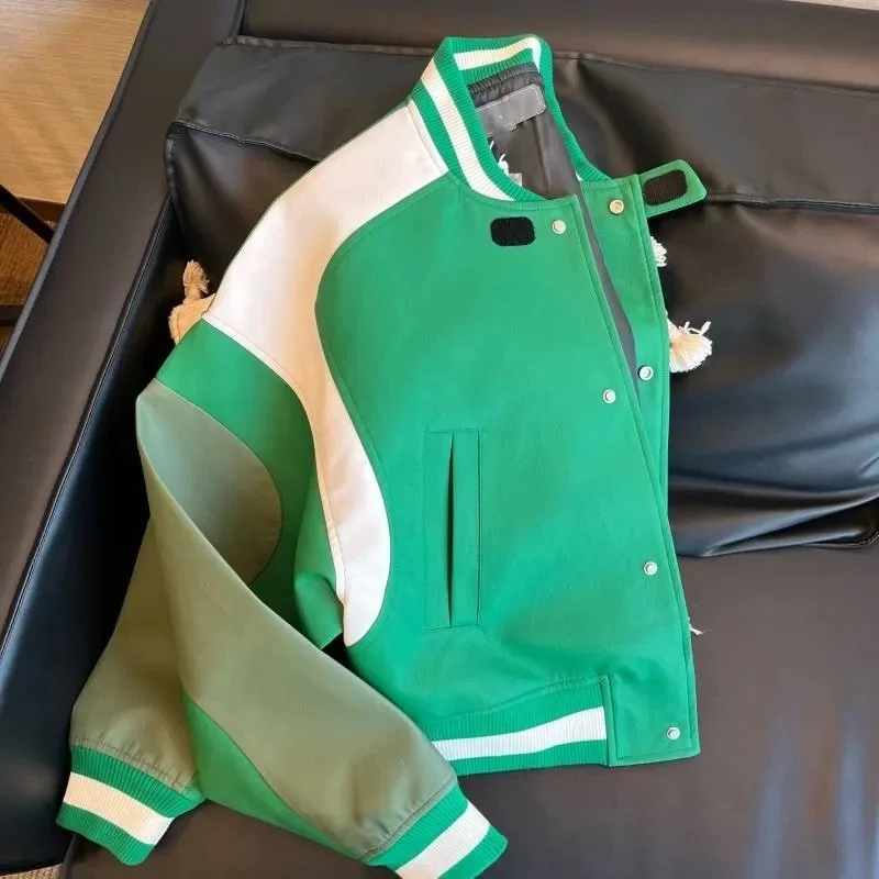 Baseball Green Leather Jacket Women Spring Autumn Chic Fashionable Motorcycle Style Short PU Coat Trend