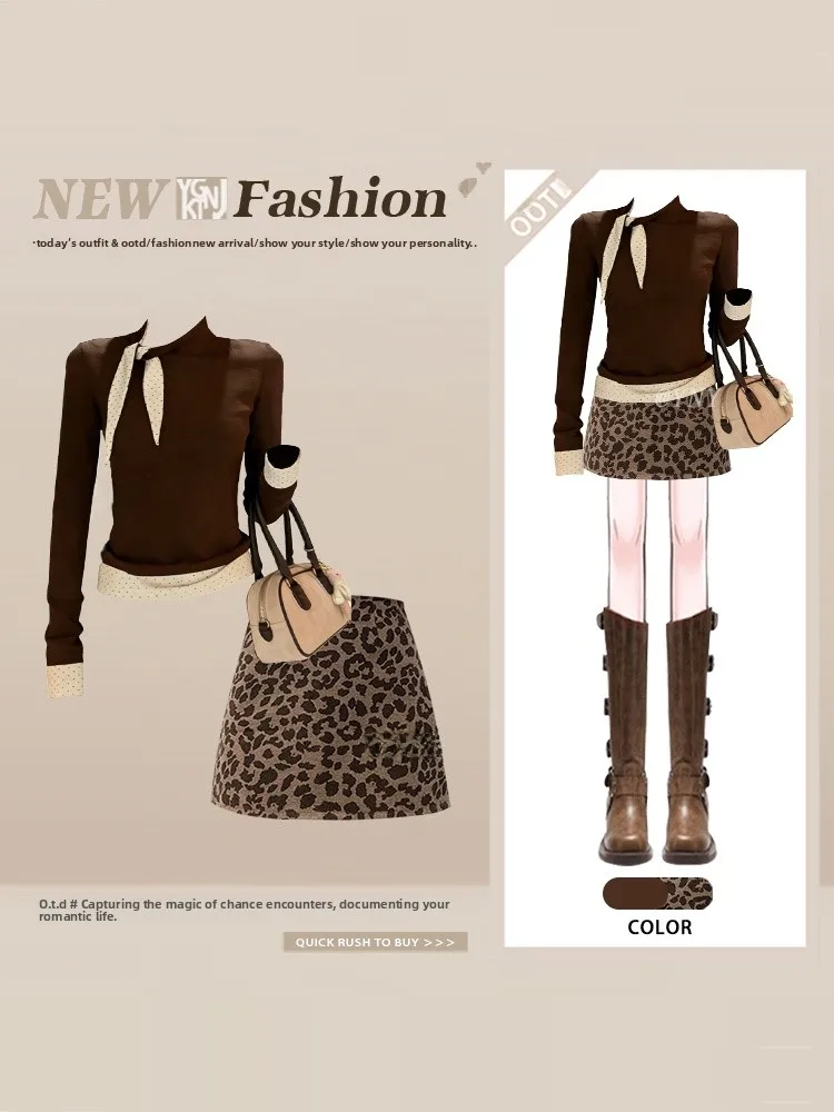 

Unique Spring Faionable Leopard Print ter Ne Long Sve Women's Set with Belt High Waist Skirt Beautiful Lady Sle