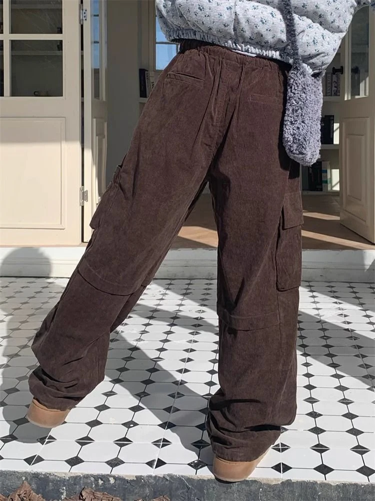 Damskie spodnie cargo vintage z sztruksu Y2K jesienne z wysokim stanem, kieszeniami, luźne spodnie Bf koreański streetwear uniwersalne spodnie z szerokimi nogawkami nowe