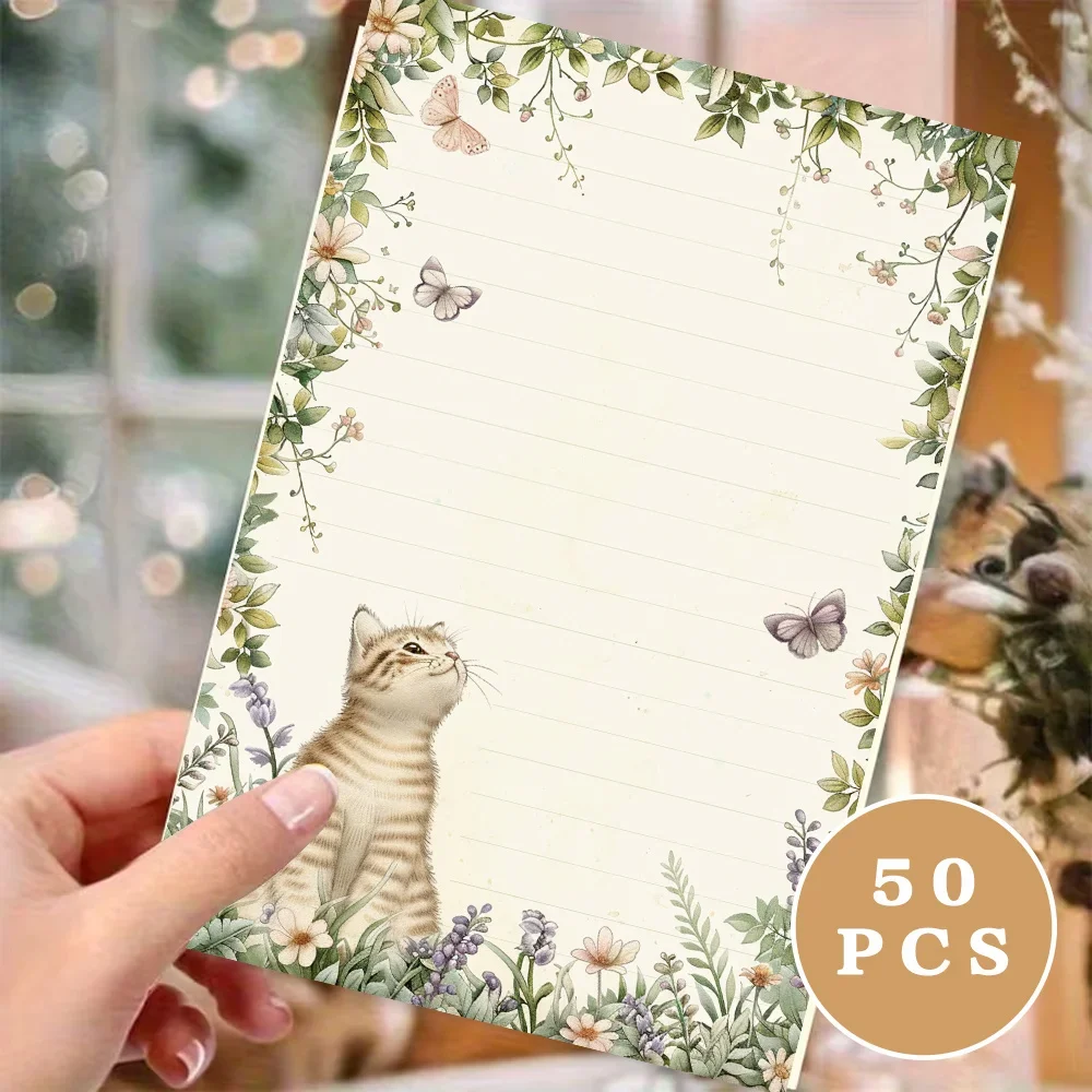 50 Sheets,Watercolor Floral Cat Butterfly Themed Writing Paper, Lined,Glue-free,Very Suitable For Notebooks, Memos, And Stickers