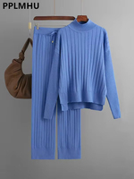 Women Half Turtleneck Long Sleeve Sweater Pullover Conjuntos Fall Winter Thick Knit 2 Piece Sets  High Waist Sweatpants Outfits