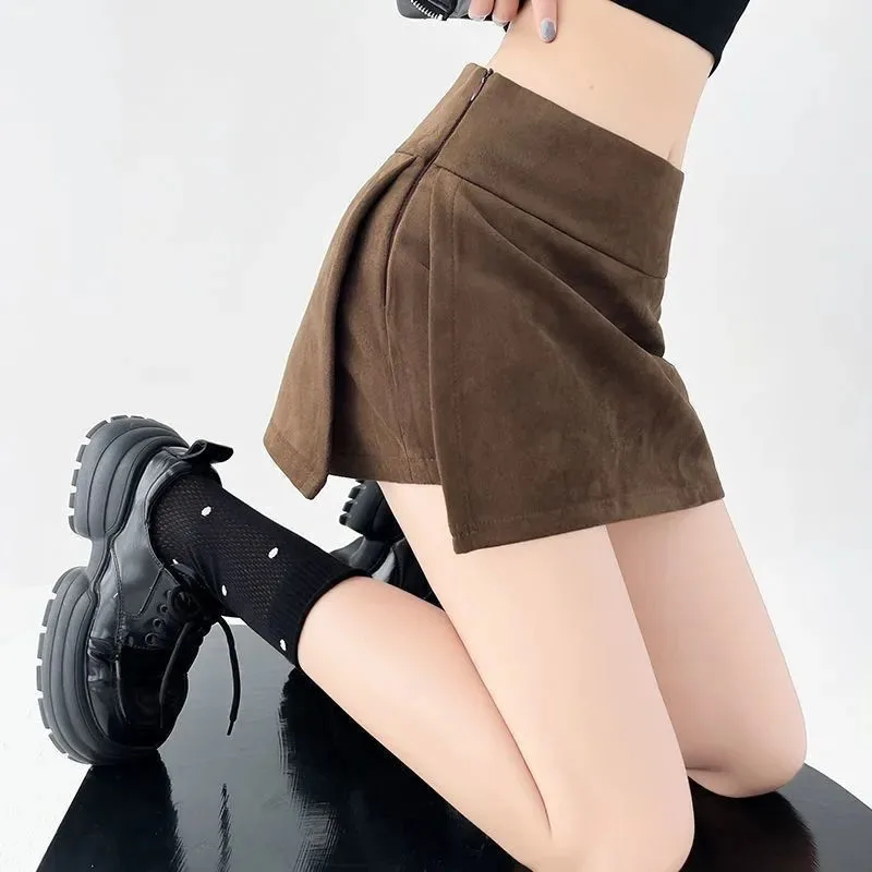Autumn Winter Suede Short Skirts Female High Waisted Streetwear Side Split Mini Skirts Woman Korean Fashion Hot-Girl Y2K Skirt
