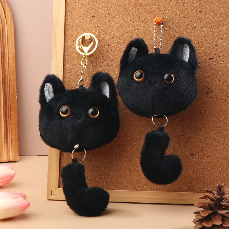 Gato preto dos desenhos animados brinquedo de pelúcia puxar cauda animal gatos macio pelúcia boneca pingente chaveiro do carro mochila saco decoração presente do miúdo