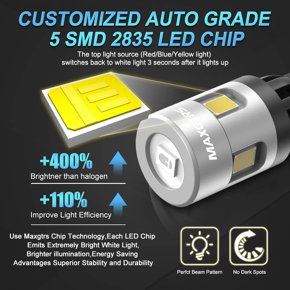 2x Two Color Switch T10 LED W5W Car Side Interior Lights 12V LED Bulb 2835 Chips 194 168 White 6000K Parking Dome Lamps