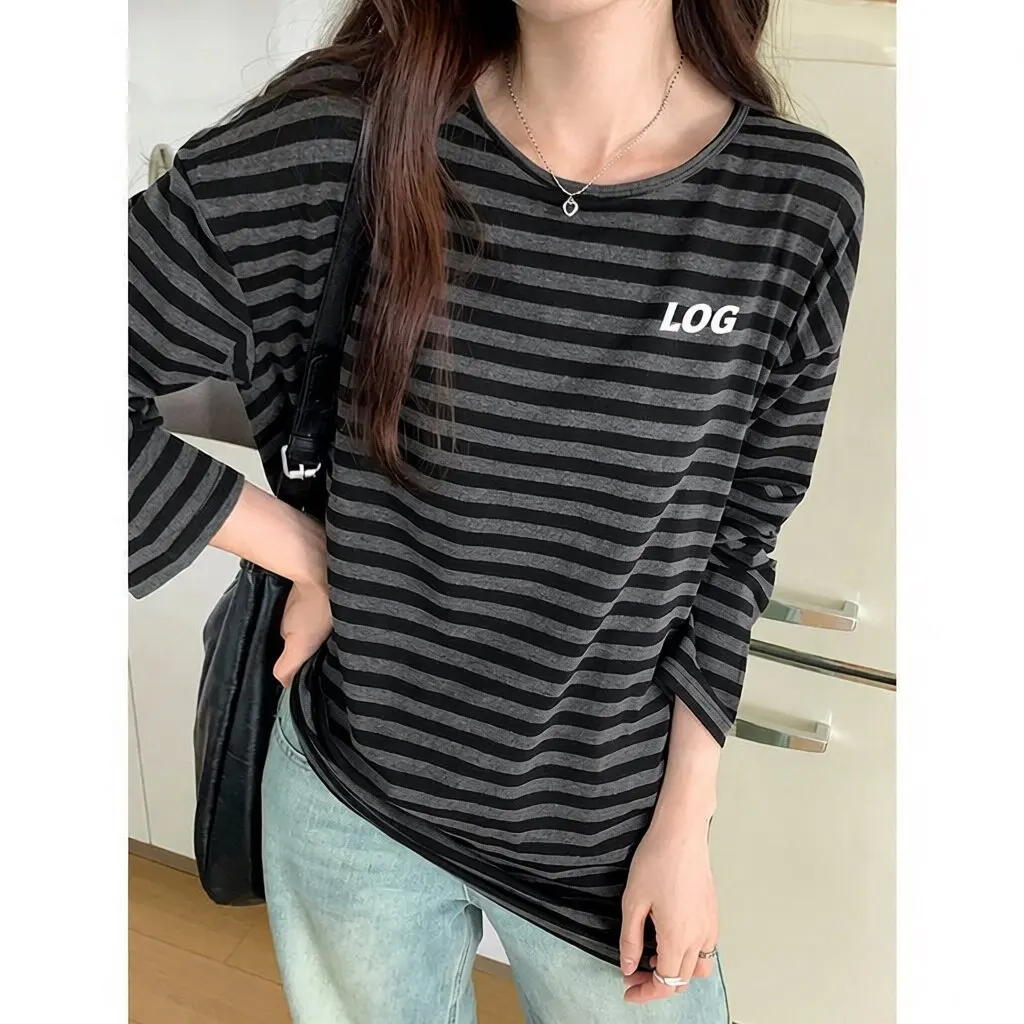 New Arrival Loose Fit Long Sleeve round Neck T-Shirt Women's Early Autumn Commute Style Flocking Black Grey Stripe Top