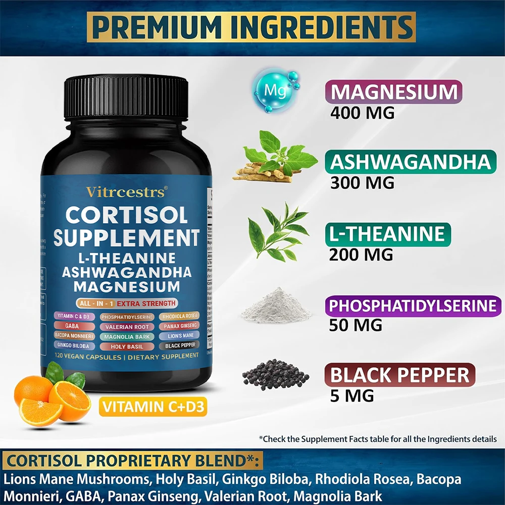 Cortisol Support Supplement - Magnesium, Supports Stress Relief, Calm Mood, Relaxation, Restful Sleep, Focus & Adrenal Health