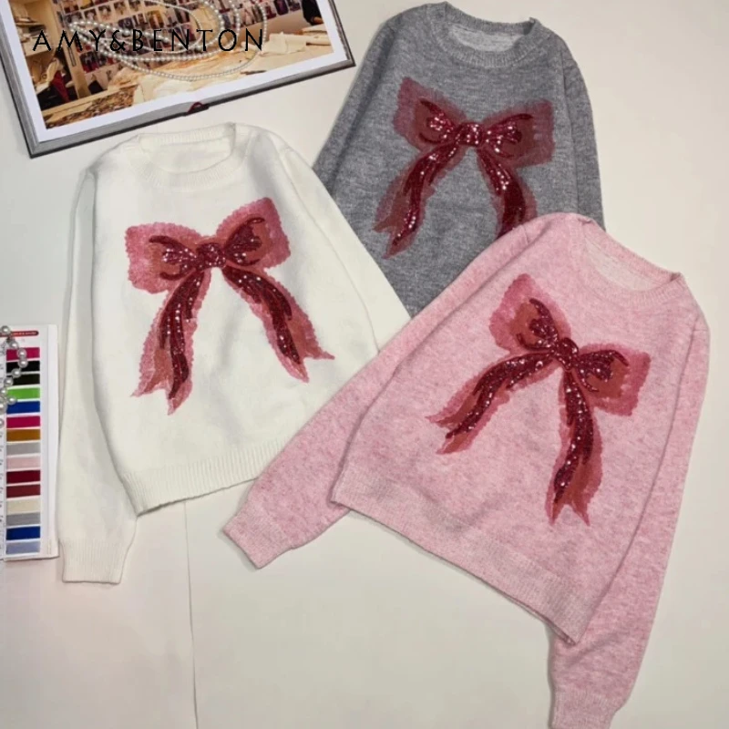 

Autumn Sweet Gentle Comfortable Knitwear Pullover Sequined Bow Printing And Dyeing Temperament Crew Neck Knitted Sweater Women