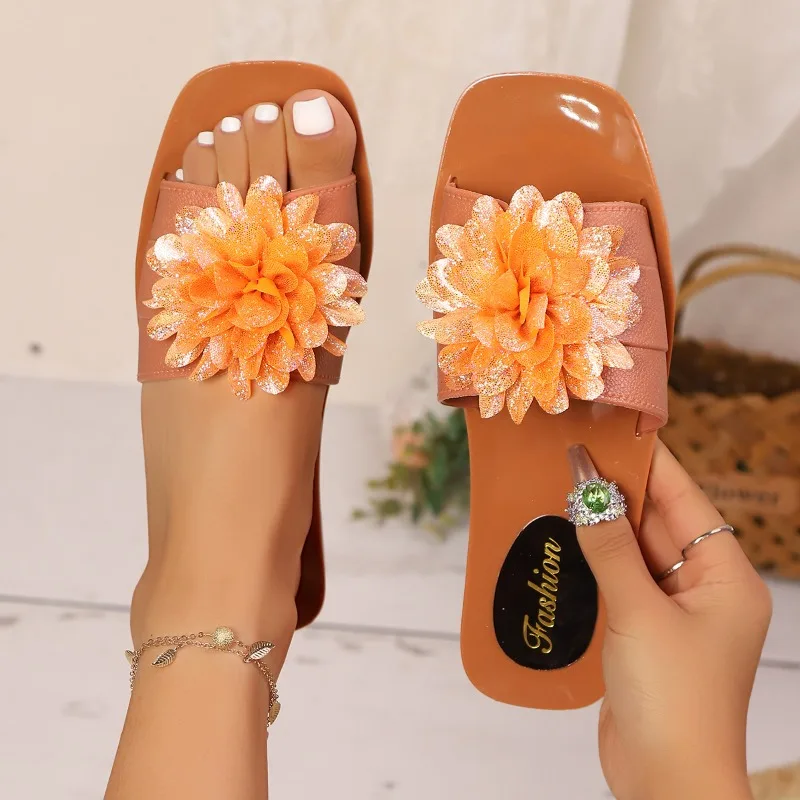 

Ladies Shoes 2026 Summer Open Toe Women's Slippers Fashion Flower Decorated Slippers Lightweight Square Toe Shoes for Woman