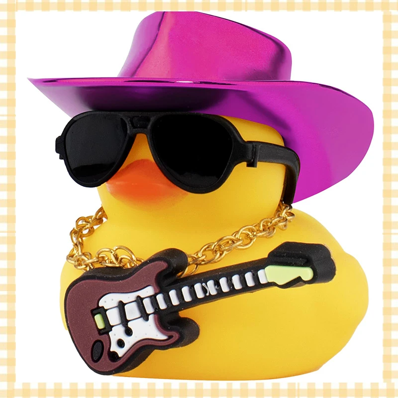 Rubber Duck Car Ornaments Guitar Duck Dashboard Decorations with Cowboy Laser Hat Necklace and Sunglasses, Purple