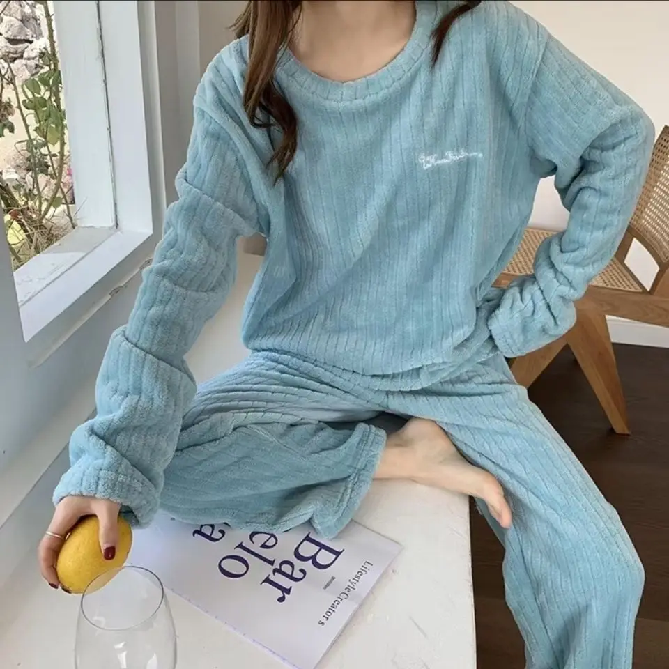 Women Coral Fleece Pajama Set Winter Warm Round Neck Simple Embroidery Home Sleepwear Cozy Loungewear Outfit Nightwear
