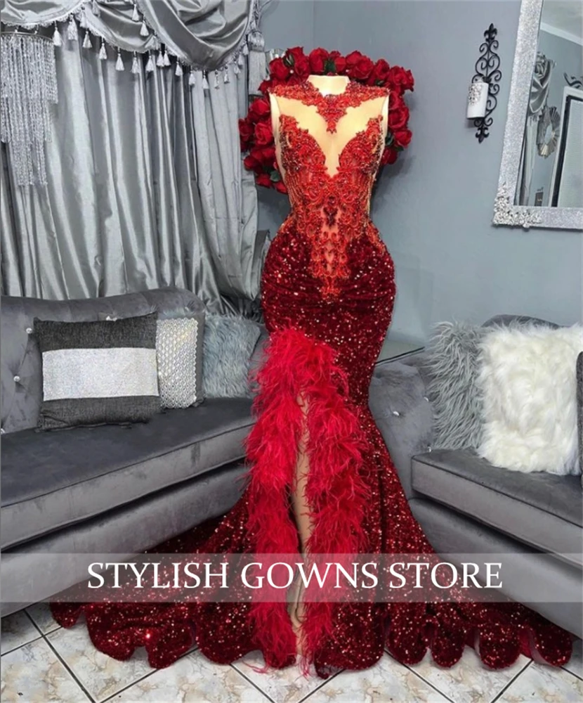 Rood O Hals Lange Prom Dress Voor Zwarte Meisjes Lovertjes Verjaardagsfeestje Jurken Veren Hoge Split Avondjurk Mermaid Robe de Ba