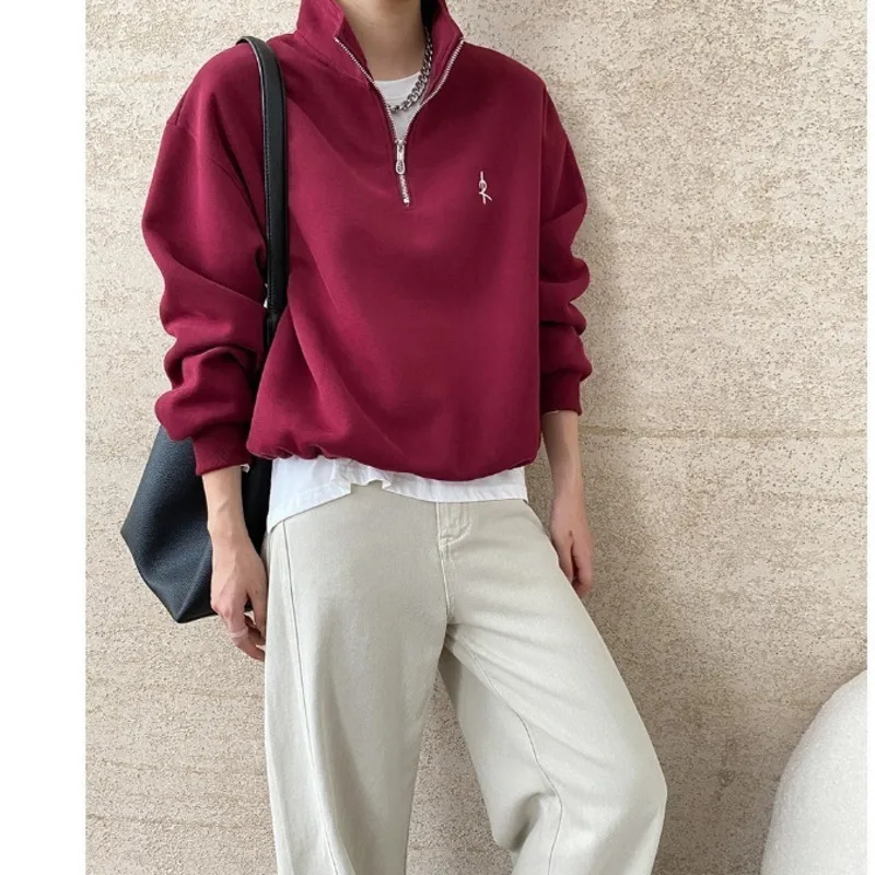 Autumn Stand Collar Letter Sweatshirts Ankra Red Label Embroidered Half Zipper Loose Pullovers