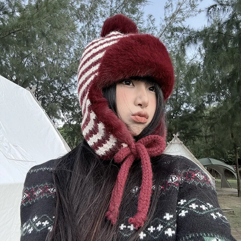 

Winter Plush Thickened Hairball Knitted Plush Lei Feng Cap Men and Women Ear Protectors Striped Big Head Riding Strap Bomber Hat