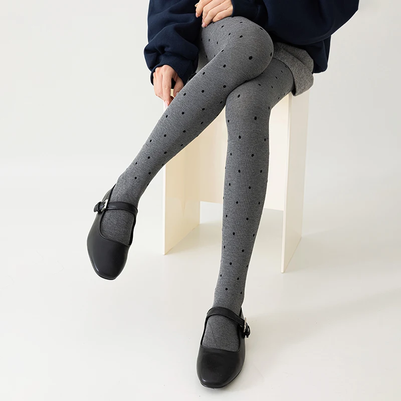 Polka Dot Nylon Cotton Tight Leggings Y2K Women Winter Black Thicken Fleece Warm Tights Pants High Waist Elastic Slim Tights