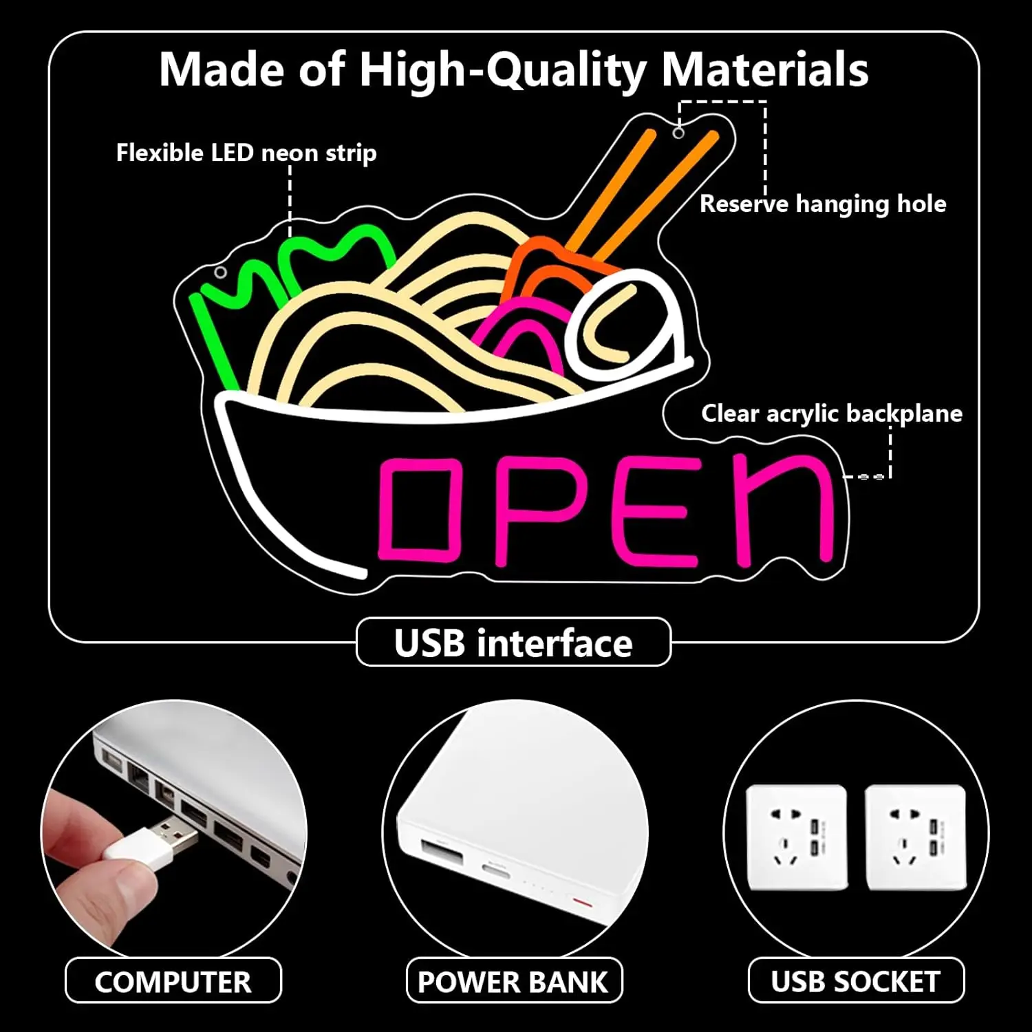 Ramen Noodle Open Neon Sign Dimmable LED USB Wall Light for Noodle Shop Restaurant Snack Bar Dining Room Business Opening Decor