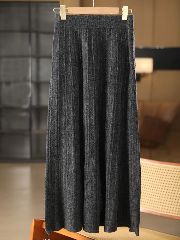 

Chic Women Wool Skirts Autumn Winter 100% Merino Wool Knitted Office Lady Grace Soft Cashmere Elastic Waist A-Line Pleated Skirt