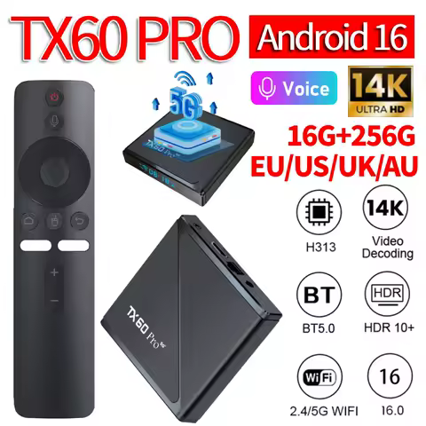 TX60 PRO Android 16 Smart TV Box Allwinner H313 Quad Core 2.4G/5G Dual WiFi6 Media Player Set Top Box Digital Voice Remote 14K