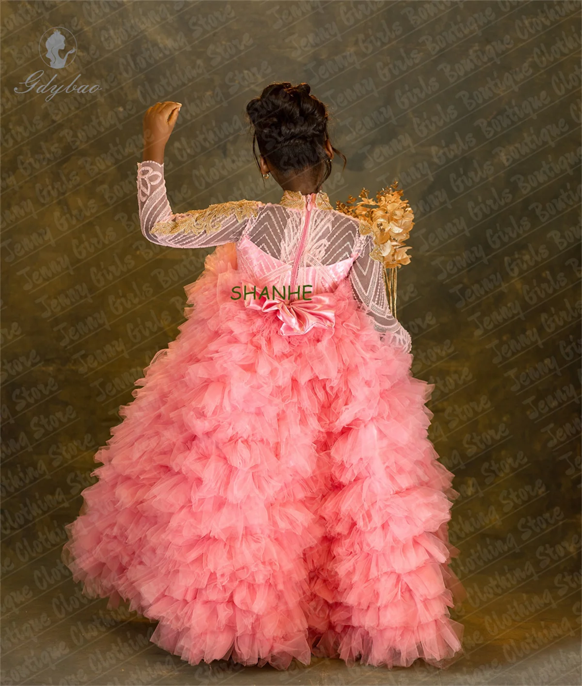 

CustomizedLuxury Gold Lace Appliqué Fluffy Girl Prom Dress Long Sleeve Pink Flower Girl Dress For Beauty Pageant Birthday Partie
