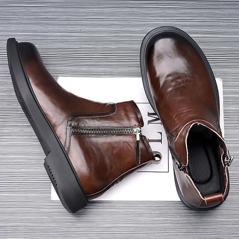 Fashion Men's Leather Ankle Boots for Men Autumn Winter Velvet Warm Men Chelsea High-top Boots Designer Casual Man's Dress Shoes - Image 5