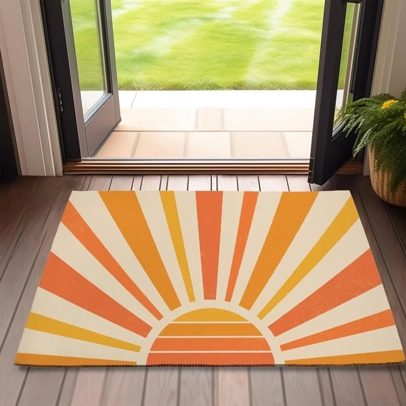 Vintage Retro Orange Sunburst Print Doormat Non Slip Boho Mid Century Welcome Rug Warm Sunset Geometric Decor Carpet