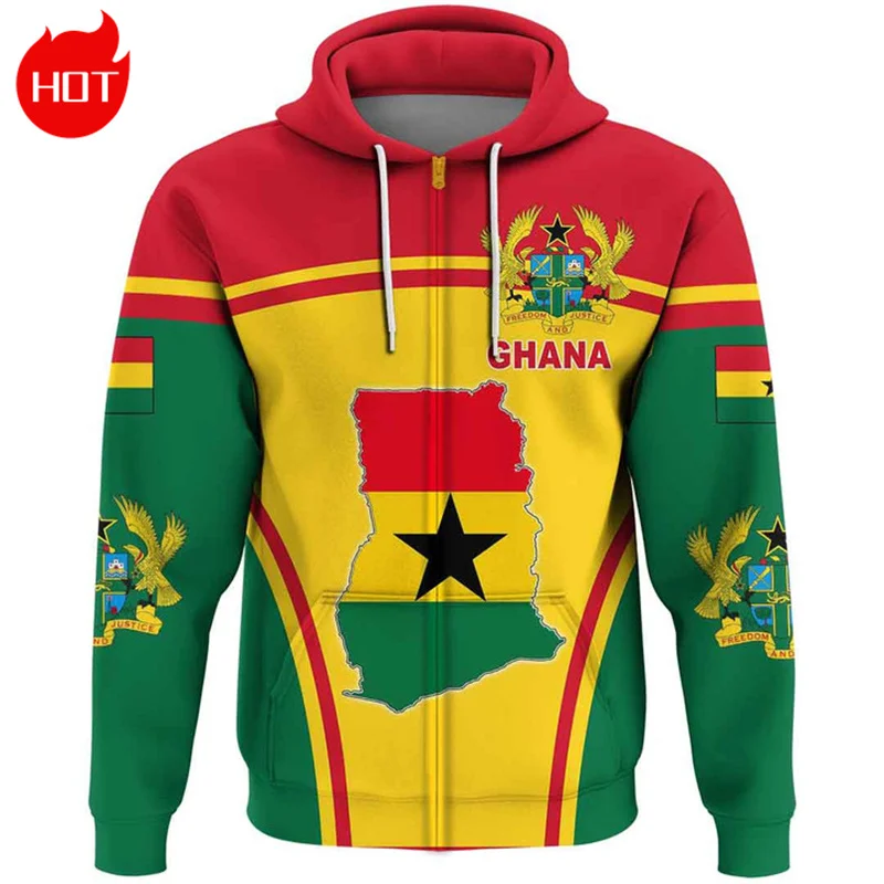 3D African Country Ghana Map Flag Printing Zip Up Hoodies The Republic-of Ghana Emblem Graphic Pullovers Vintage Mens Clothing