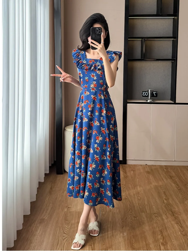 SMTHMA 2025 New Fashion Blue Floral French Square Neck Summer Dresses Women's Slimming Waist A-line Big Swing Long Dress