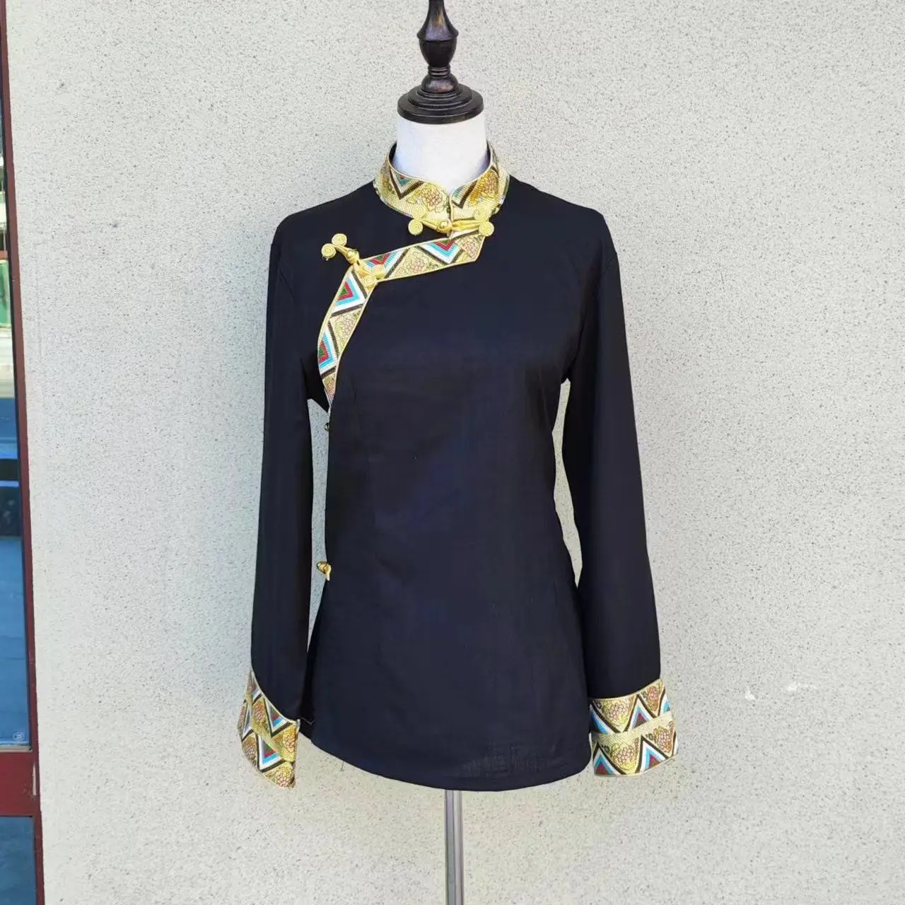 2024년 인기 신상 중국 스탠드 칼라 긴팔 티베트 스타일 민족 의상 셔츠