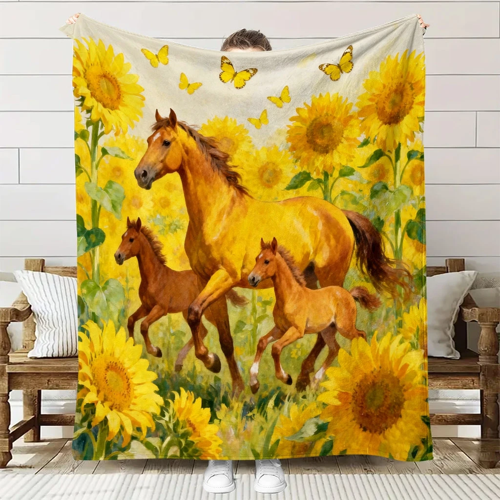 

1pc Horse & Sunflower Flannel Blanket - Quilted Bedspread Suitable for Bed, Sofa, Couch - All-Season Soft Bedspread - Machine