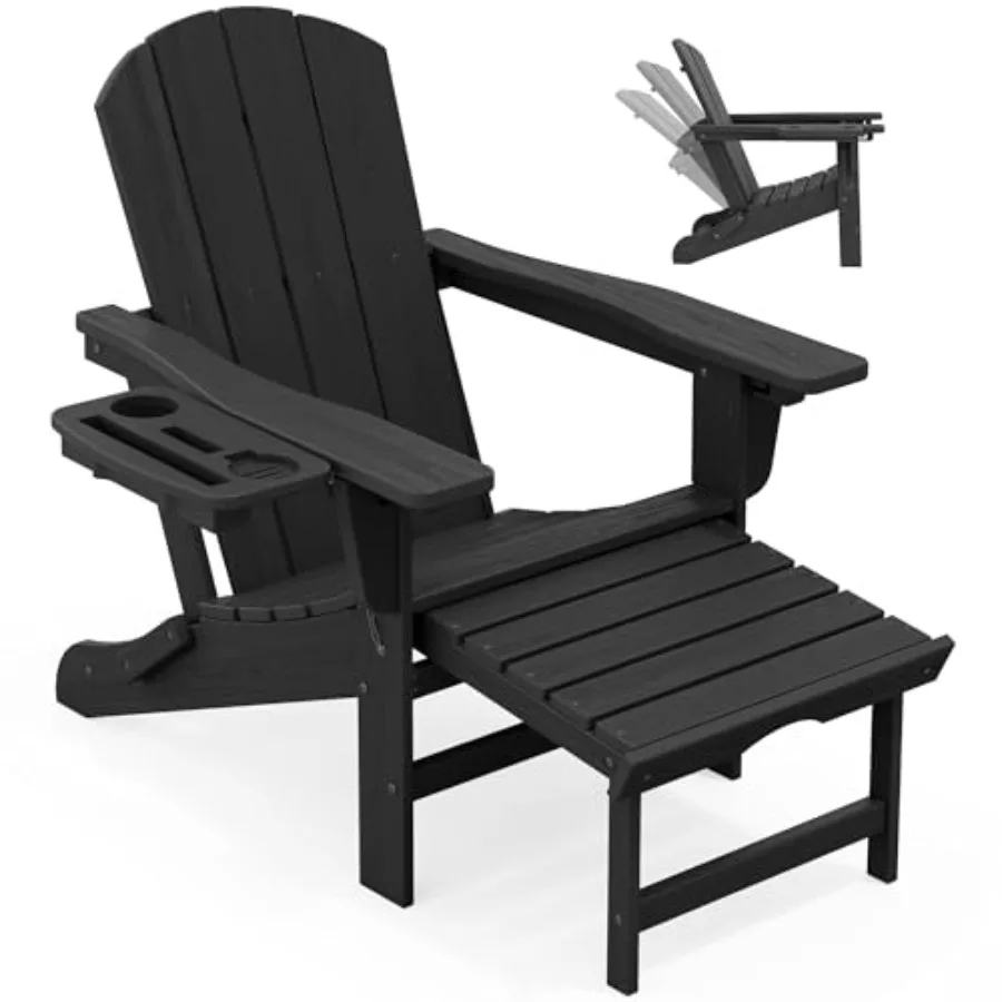 Outdoor HDPE Adirondack chair with adjustable folding design, black color, integrated footrest and 4-in-1 multi-functional armr
